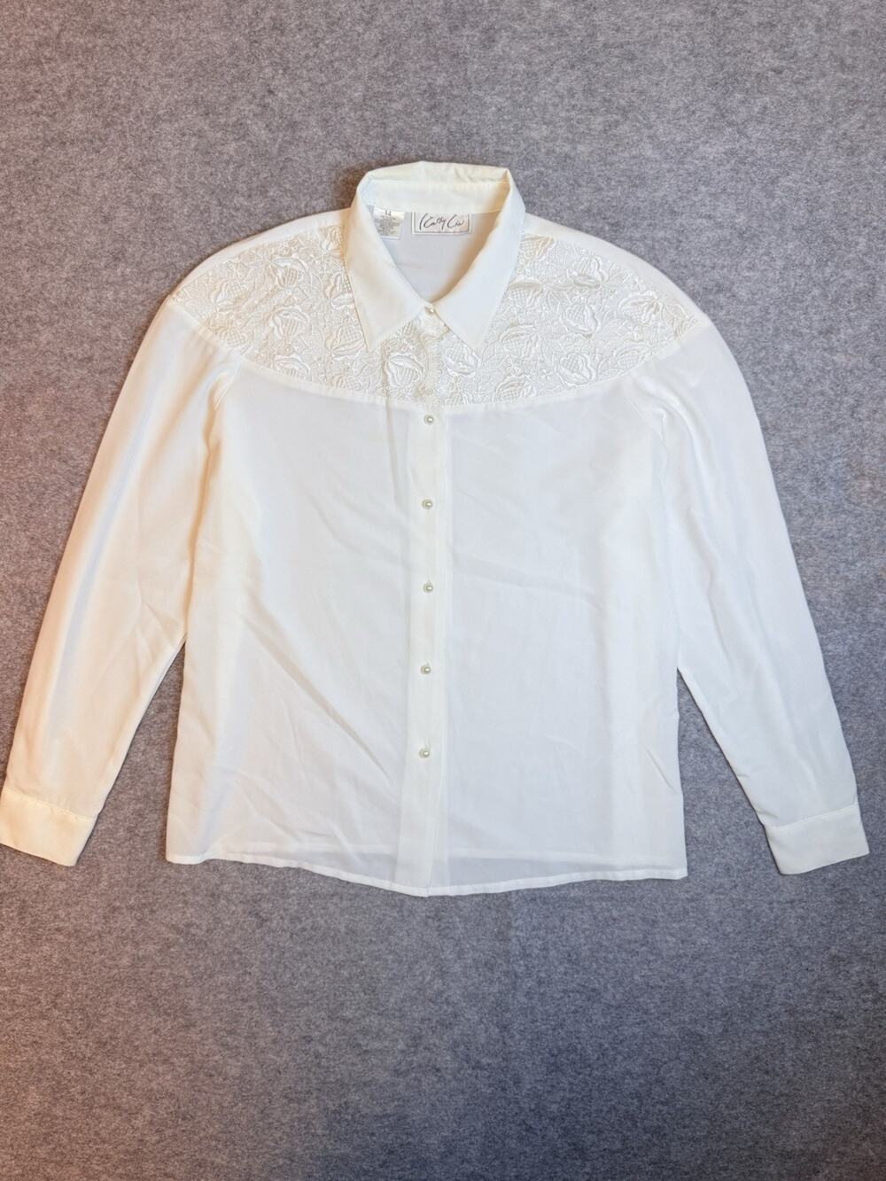 Kathy Che Vintage Ivory Long Sleeve Dressy Blouse~ Lace Pearls Sequins Size 14